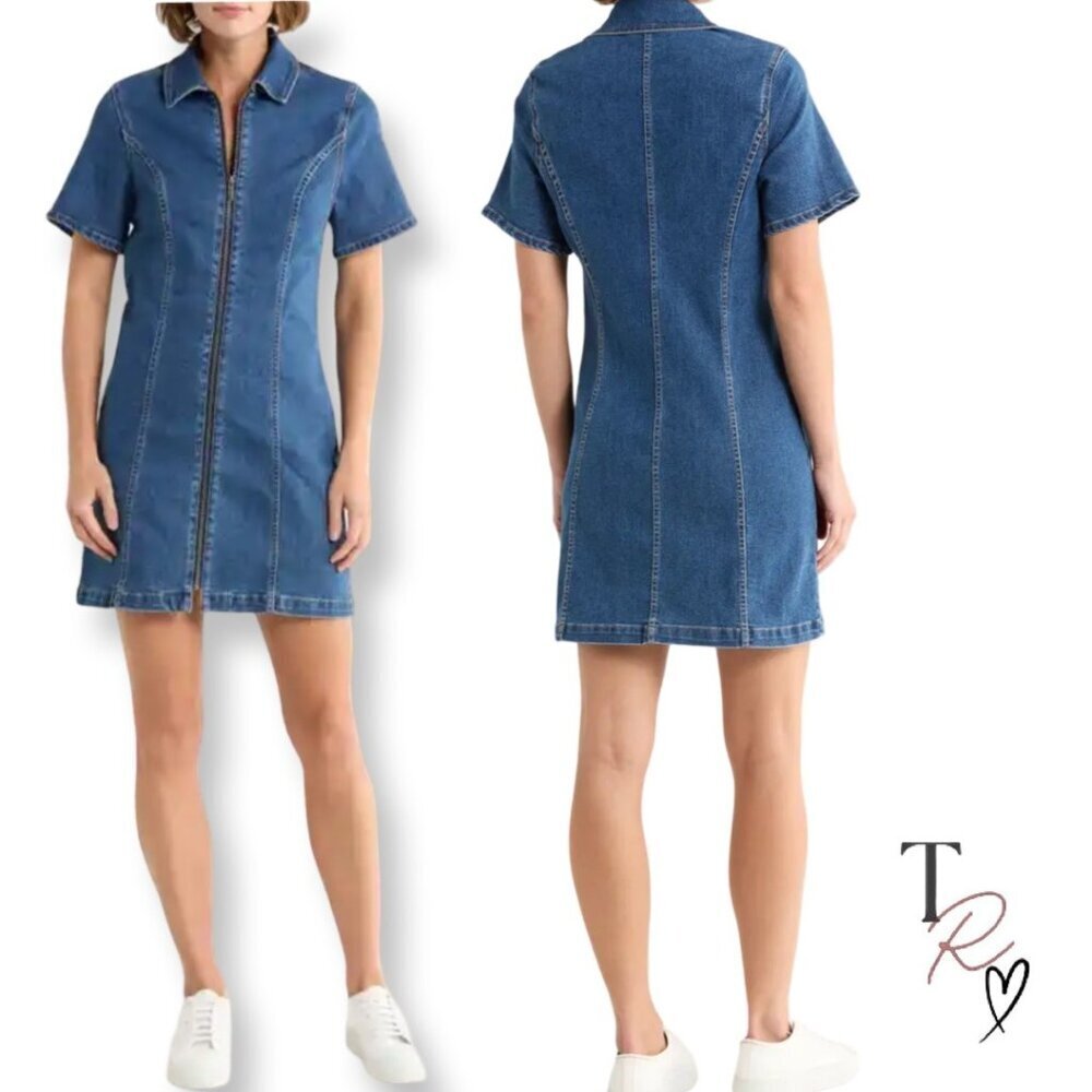 Habitual Short Sleeve Zip Front Denim Mini Dress Size XL Extra Large